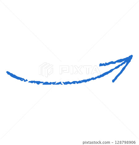 Blue crayon sketch curve arrow shape, scribble pointer mark, right up direction sign graphic stroke chalk pencil texture 128798906