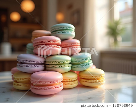 Pastel French Macarons Stacked Diagonally Showing Almond Texture and Cream Filling Under Soft Cafe Light 128798949