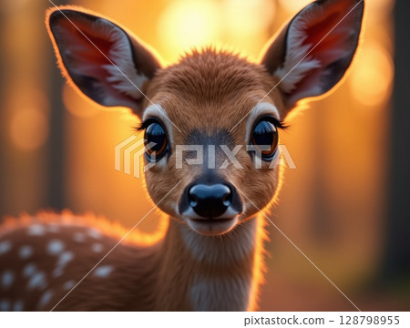 Centered Close-Up of Young Deer with Reflective Eyes and Sunset Fur Tones Framed by Forest Bokeh 128798955