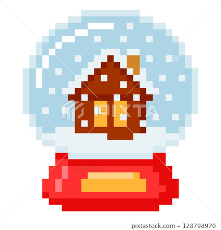 Snow ball with house inside vector pixel art icon, cartoon 8 bit retro video game Christmas and New Year decoration 128798970