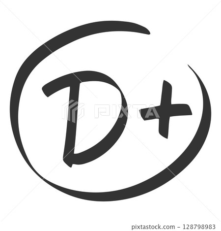 Exam score black symbol, grade result - D plus, test letter with plus in circle, student evaluation handwritten sign Exam score black symbol, grade result - D plus, test letter with plus in circle, student evaluation handwritten sign 128798983
