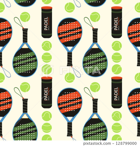 Padel sport equipment vector seamless pattern. Padel rackets, balls, pressure tube container illustrations on cream background. Modern court game repeat tile design. Padel tournament, hobby activity 128799000