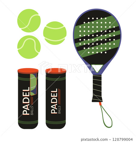 Padel sport equipment vector illustration set. Modern flat design of padel racket, balls and pressure tube containers isolated on white background. Design for padel match, training, tournament, hobby 128799004