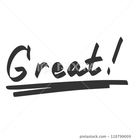 Black marker grade of exam and test result, vector hand drawn Great comment with underlines, school praise teacher mark 128799009