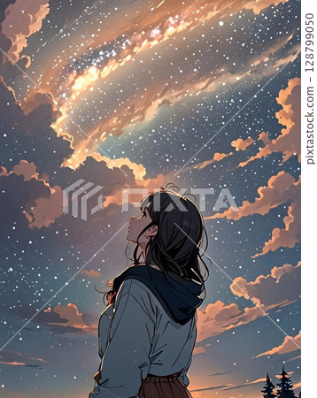 A girl looking up at the sunset under the clouds A girl looking up at the sunset under the clouds 128799050