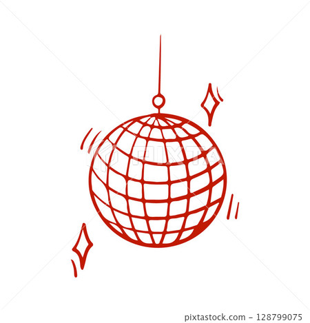 Disco ball doodle hand drawn icon. Outline drawing disco ball for party line clipart symbol. Disco ball for weddings and birthdays. Vector illustration in red 128799075