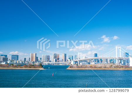 cityscape of Tokyo skyline with Tokyo tower and rainbow bridge at daytime in Japan cityscape of Tokyo skyline with Tokyo tower and rainbow bridge at daytime in Japan 128799079