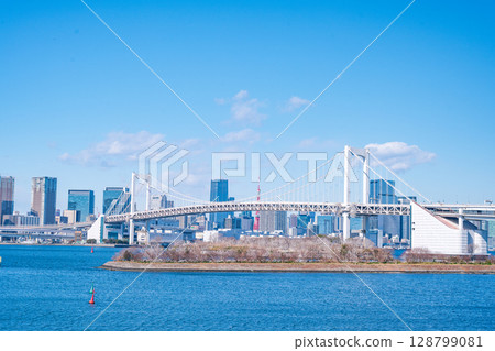 cityscape of Tokyo skyline with Tokyo tower and rainbow bridge at daytime in Japan cityscape of Tokyo skyline with Tokyo tower and rainbow bridge at daytime in Japan 128799081