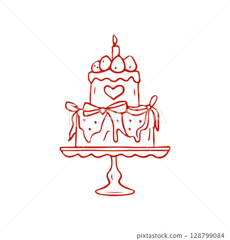 Wedding cake or birthday cake in red. Hand drawn vector romantic illustration in sketch style. Design for greeting card, gift tag, logo. Vector illustration Wedding cake or birthday cake in red. Hand drawn vector romantic illustration in sketch style. Design for greeting card, gift tag, logo. Vector illustration 128799084