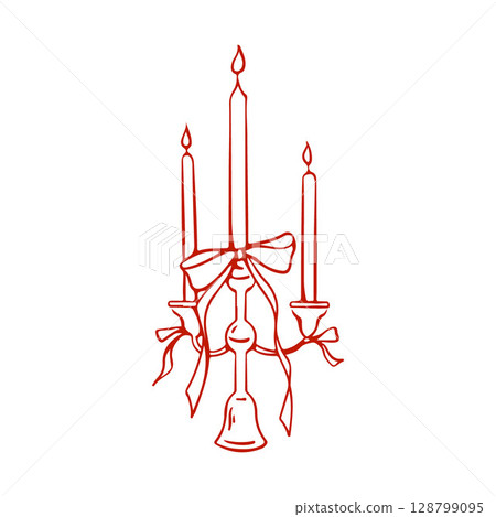 Hand drawn vintage elegant candles with outline bows in red color. Vector illustration in retro sketch parisian style. Vector illustration Hand drawn vintage elegant candles with outline bows in red color. Vector illustration in retro sketch parisian style. Vector illustration 128799095