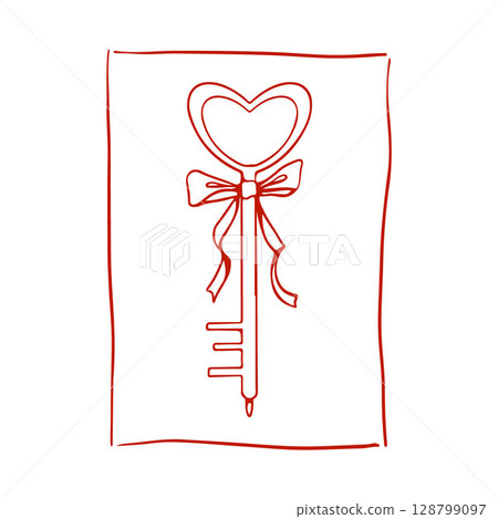 Key with bow in frame. Romantic doodle illustration. Vector illustration for wedding, valentines day. Accessories for girls. Icon in red color 128799097