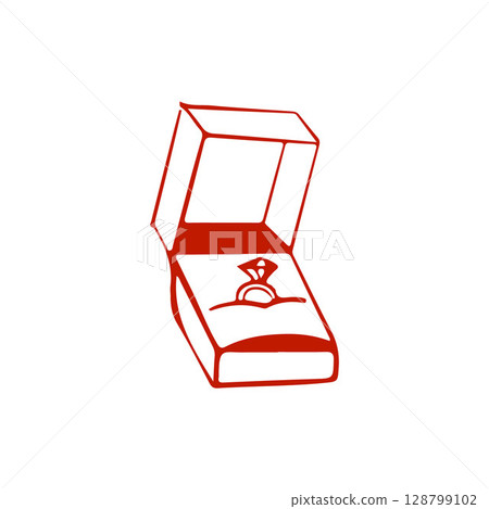 Wedding ring in a box linear drawing. Wedding icon. Marriage proposal. Vector illustration in red color. 128799102