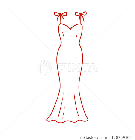 Wedding dress icon in red color. Illustration of long wedding dress in doodle style. Vector illustration 128799103