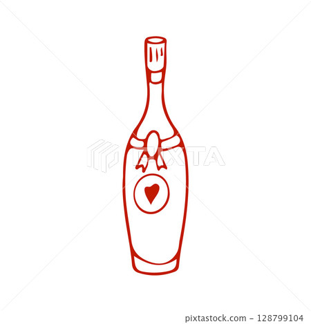 Champagne bottle, Wedding icon in red color. Line drawing in doodle style. Vector illustration 128799104