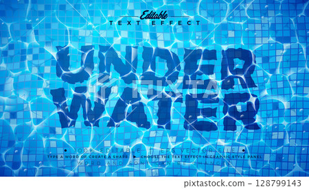 Underwater Text Effect Design Editable and Scalable Vector Graphic Style Effect with Wave Pool Water and Typography Lettering on Blue Swimming Pool Tiles Background. Premium Illustration Template for 128799143