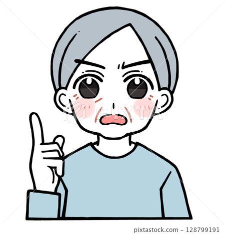 Illustration of an elderly man with an angry face pointing his index finger up 128799191