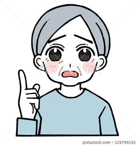 Illustration of an elderly man with a troubled face pointing up his index finger 128799192
