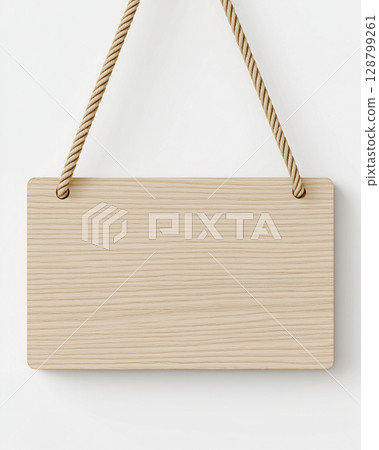 Light Wooden Board Hanging Vertically by Ropes on White Background with Clean Minimal Look Light Wooden Board Hanging Vertically by Ropes on White Background with Clean Minimal Look 128799261
