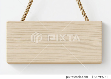 Minimal Wooden Board Hanging Vertically by Ropes on White Background with Smooth Finish 128799262
