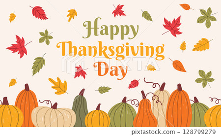 Cute happy Thanksgiving horizontal greeting poster with border of pumpkins and falling autumn leaves in flat cartoon style. Cute happy Thanksgiving horizontal greeting poster with border of pumpkins and falling autumn leaves in flat cartoon style. 128799279