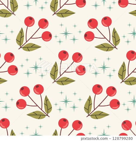 Seamless pattern with red rowan berries branch and stars arranged in polka dot order. 128799280