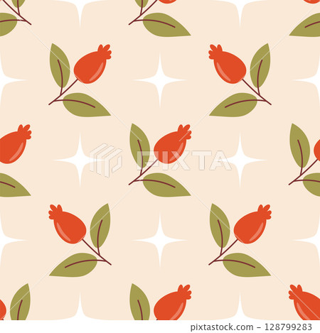 Seamless pattern with red rosehip berries branch and stars arranged in polka dot order. Seamless pattern with red rosehip berries branch and stars arranged in polka dot order. 128799283