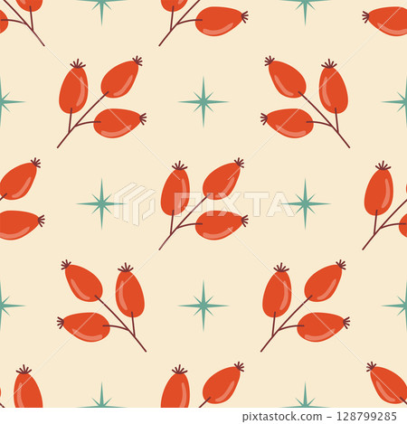 Red rosehip branch with berries and stars in neat polka dot order seamless pattern. 128799285