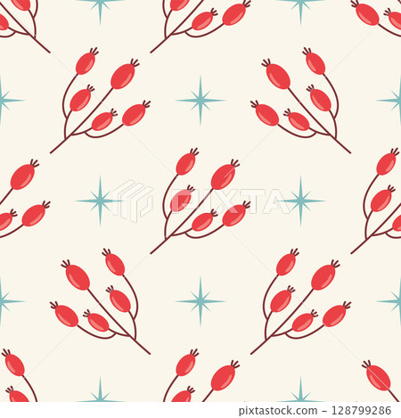 Seamless pattern with red rosehip berries branch and stars in even polka dot order. Seamless pattern with red rosehip berries branch and stars in even polka dot order. 128799286