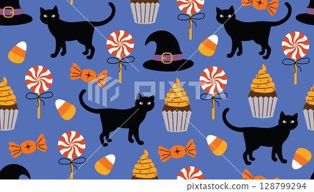Cute Halloween seamless pattern with black cat, candies, cupcake, and witch hat on dark blue background Cute Halloween seamless pattern with black cat, candies, cupcake, and witch hat on dark blue background 128799294