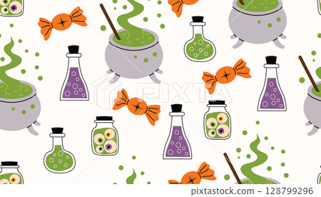 Cute Halloween seamless pattern with cauldrons, test tubes with poison, jars with eyeballs and candies. 128799296