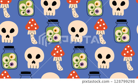 Cute Halloween seamless pattern with skull, fly agaric, and jar with eyeballs on dark blue background in flat cartoon style. Cute Halloween seamless pattern with skull, fly agaric, and jar with eyeballs on dark blue background in flat cartoon style. 128799298
