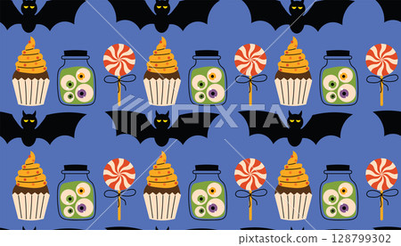 Cute Halloween seamless pattern with black bats, cupcakes, jars with eyeballs and twisted lollipops. Cute Halloween seamless pattern with black bats, cupcakes, jars with eyeballs and twisted lollipops. 128799302