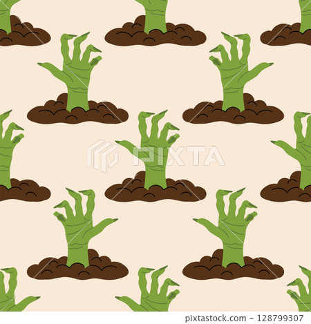 Cute happy Halloween seamless pattern with green zombie hands rising from the ground in polka dot order. Cute happy Halloween seamless pattern with green zombie hands rising from the ground in polka dot order. 128799307