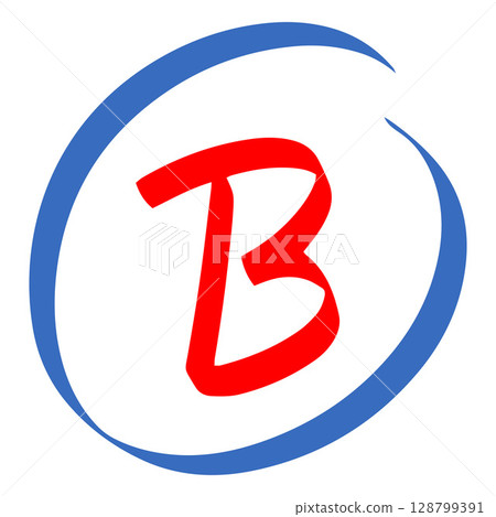 Exam score symbol, grade result - B, good test result red letter in blue circle, handwritten student evaluation sign 128799391