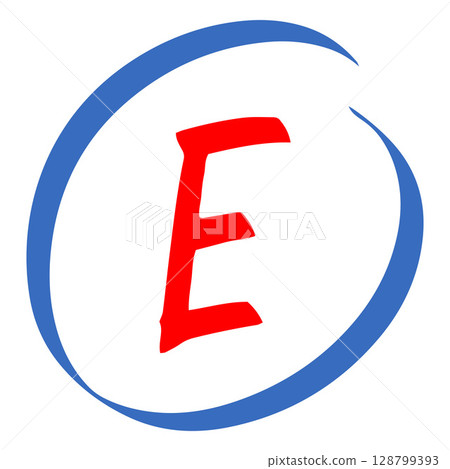 Exam score marker symbol, grade result E, bad test result red letter in blue circle, handwritten student evaluation sign Exam score marker symbol, grade result E, bad test result red letter in blue circle, handwritten student evaluation sign 128799393