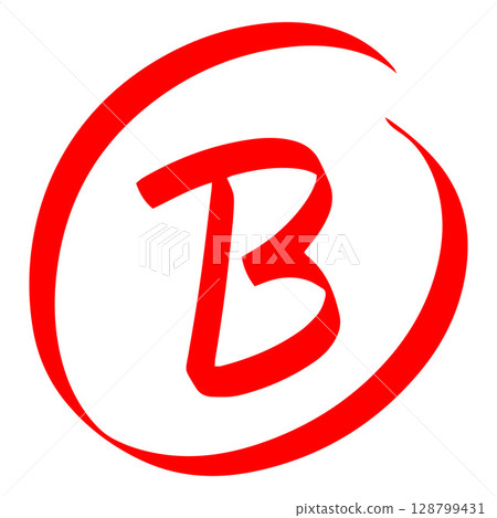 Exam score symbol, grade result - B, good test result red letter in circle, handwritten student evaluation sign Exam score symbol, grade result - B, good test result red letter in circle, handwritten student evaluation sign 128799431