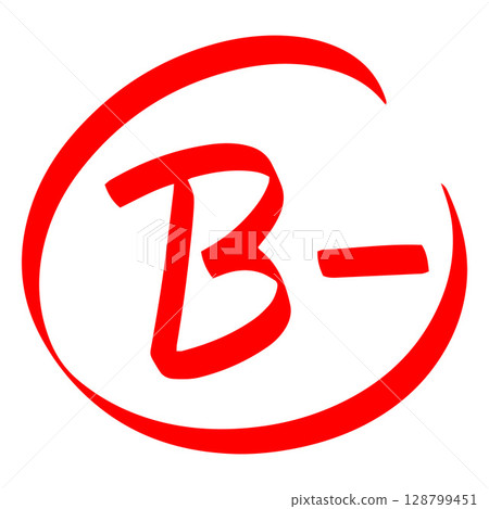 Exam score red symbol, grade result B-, good test result letter with minus in circle handwritten student evaluation sign 128799451