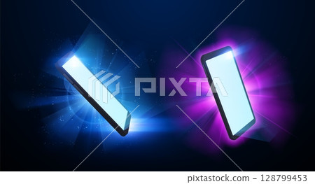Vector set of blank mobile phone screens on glowing neon bright rays background. 128799453