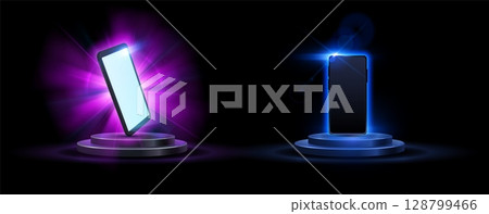Mobile phone mockup with black and white screen on podium, with blue neon backlight and pink rays. Mobile phone mockup with black and white screen on podium, with blue neon backlight and pink rays. 128799466