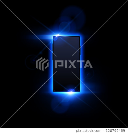 Mobile phone in glowing neon blue rays and glare on isolated black background. Mobile phone in glowing neon blue rays and glare on isolated black background. 128799469
