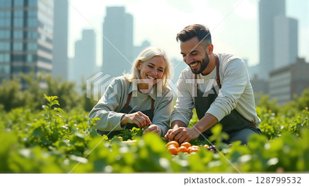 Urban Garden Harvest, Joyful Couple Gathering Fresh Produce. 128799532