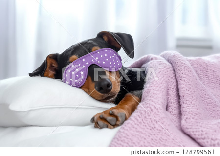 Charming dachshund wearing a sleep mask, resting on a silky white pillow, surrounded by pastel-colored blankets, dreamy and warm atmosphere 128799561