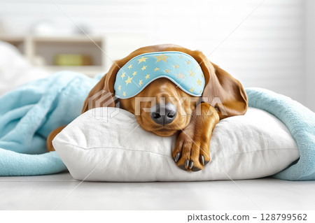 Charming dachshund wearing a sleep mask, resting on a silky white pillow, surrounded by pastel-colored blankets, dreamy and warm atmosphere 128799562
