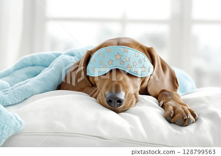 Charming dachshund wearing a sleep mask, resting on a silky white pillow, surrounded by pastel-colored blankets, dreamy and warm atmosphere 128799563