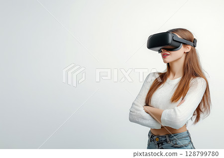 A woman standing confidently with VR glasses, appearing as a tech-savvy professional, on plain background 128799780