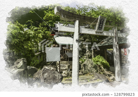 Watercolor painting style: Teramachi area, Tokushima city, Kasuga Shrine, Toyotamahime Shrine, Tokushima city, Tokushima prefecture 128799823