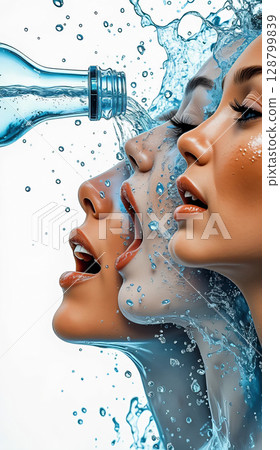 Profiles of women's faces doused with water. Drinking water from a bottle is poured onto multiple women's faces. 128799839