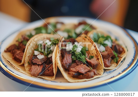 A plate of traditional Mexican street tacos with carne asada, onions, and cilantro 128800017