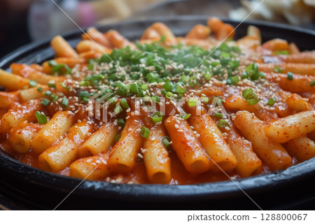 Spicy teokbokki with sliced onions, carrots, and sesame oil drizzle 128800067