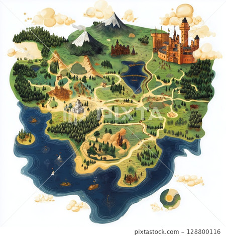 Illustrated fantasy map showing castles, mountains, forests, and rivers 128800116